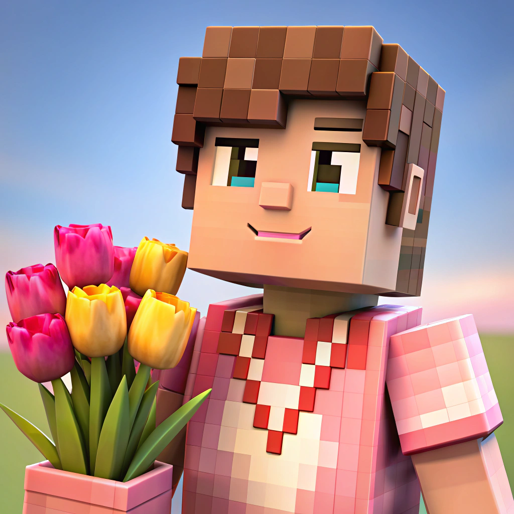 Minecraft Character with Tulips and Pink Shirt Minecraft Character with Tulips and Pink Shirt