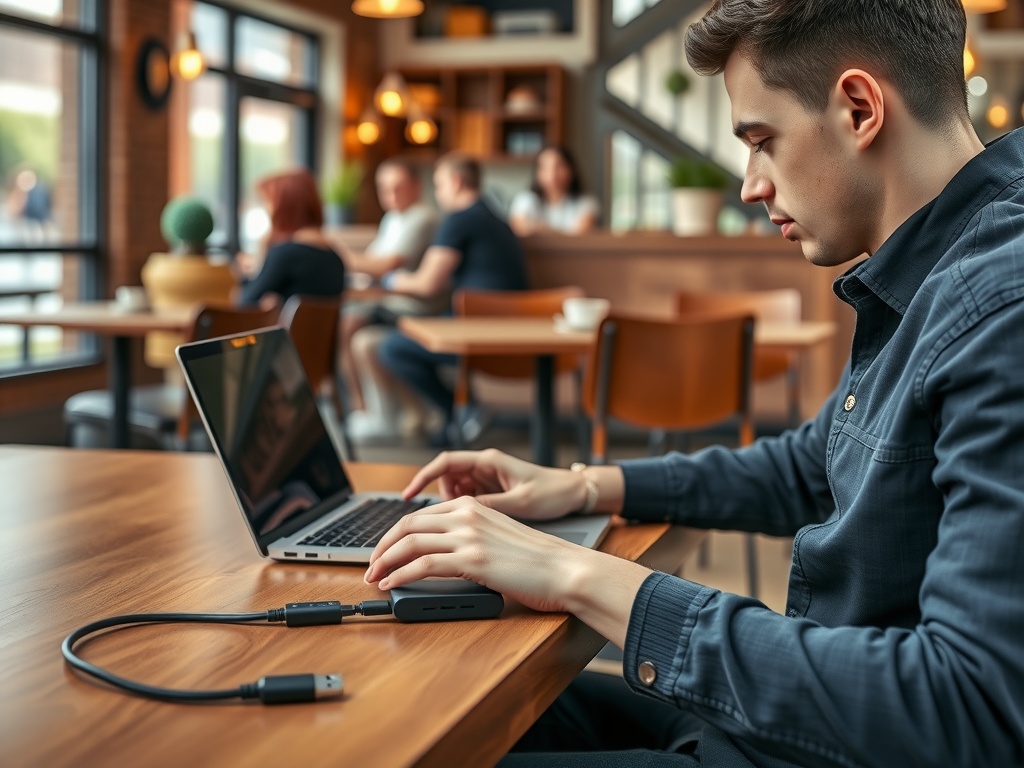 فردی در کافه با لپ‌تاپ و یک SSD قابل حمل کوچک متصل شده، نمادی از بهره‌وری سیار با SSD قابل حمل.