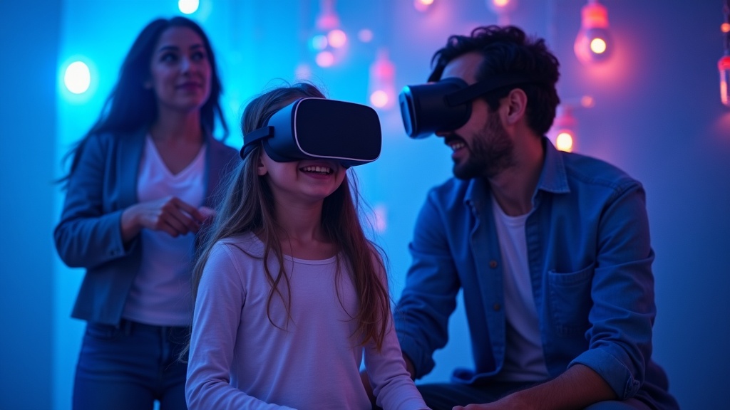 Niños asombrados durante una de las experiencias de realidad virtual para familias en Barcelona, viendo un elefante en un entorno VR inmersivo.