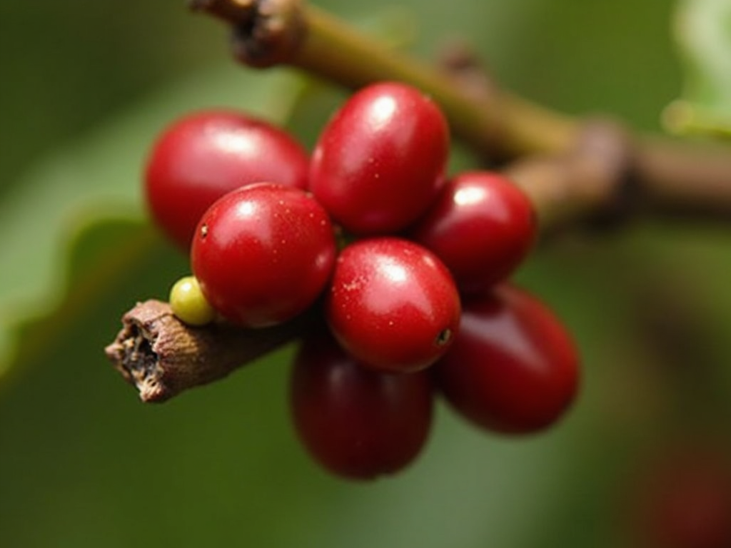Ripe coffee cherries on a tree branch, ready for harvesting.