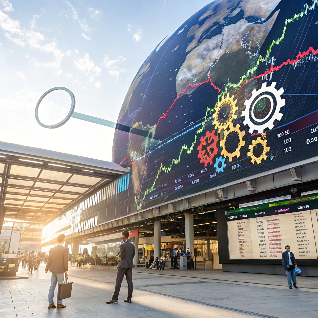 Abstrakcyjna wizualizacja analizy konkurencji z globalną siecią i dynamicznymi trendami SEO.