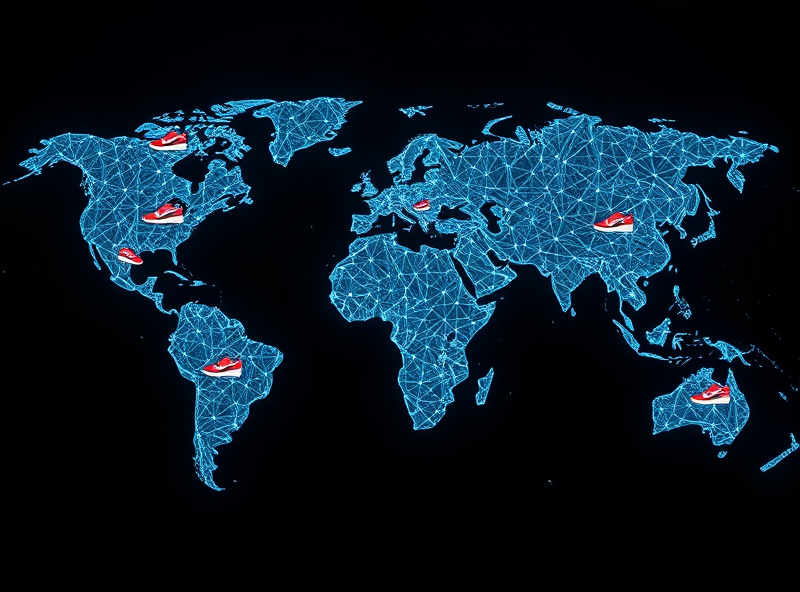 A world map made of interconnected digital lines, with small icons of Nike shoes and apparel placed in different regions, representing global reach and digital sales.