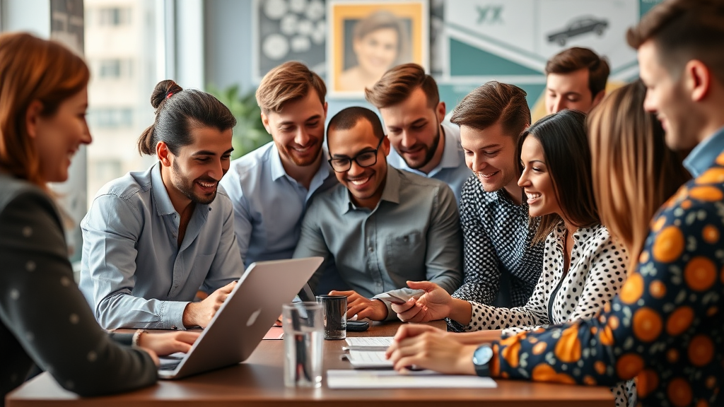 گروهی متنوع از متخصصان بازاریابی، شامل مدیران برند و افراد خلاق آژانس، که به صورت یکپارچه در یک پلتفرم دیجیتال همکاری می‌کنند.