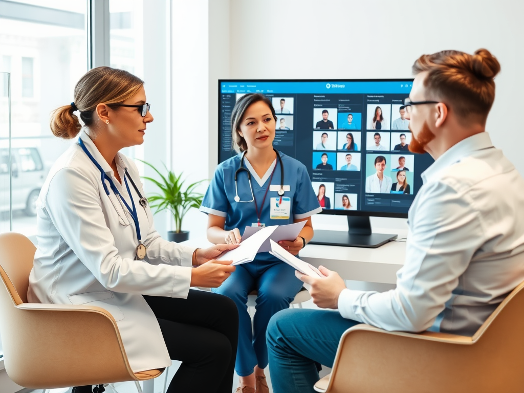 Professional healthcare recruitment consultant in a modern office meeting with a hospital administrator, discussing nursing staff requirements, with recruitment documents and a computer showing nursing profiles