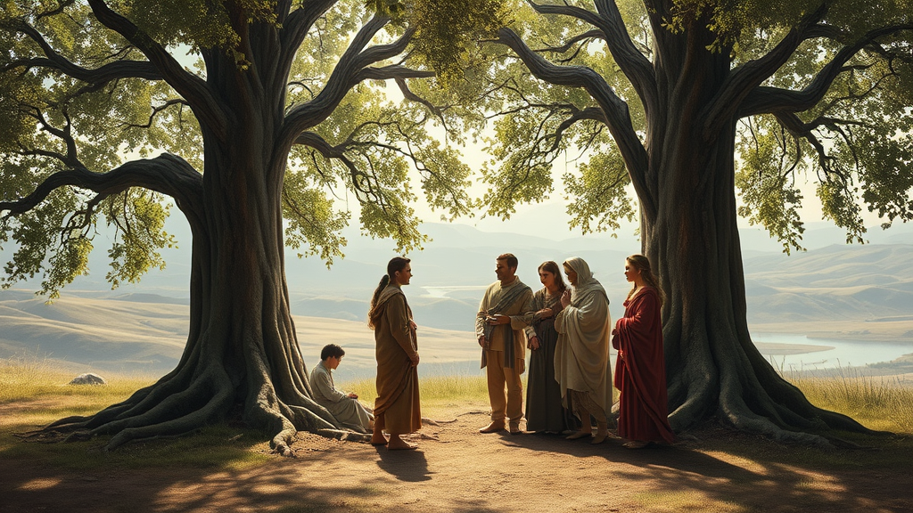 자연 속 두 나무가 갈등과 선택을 상징하는 장면