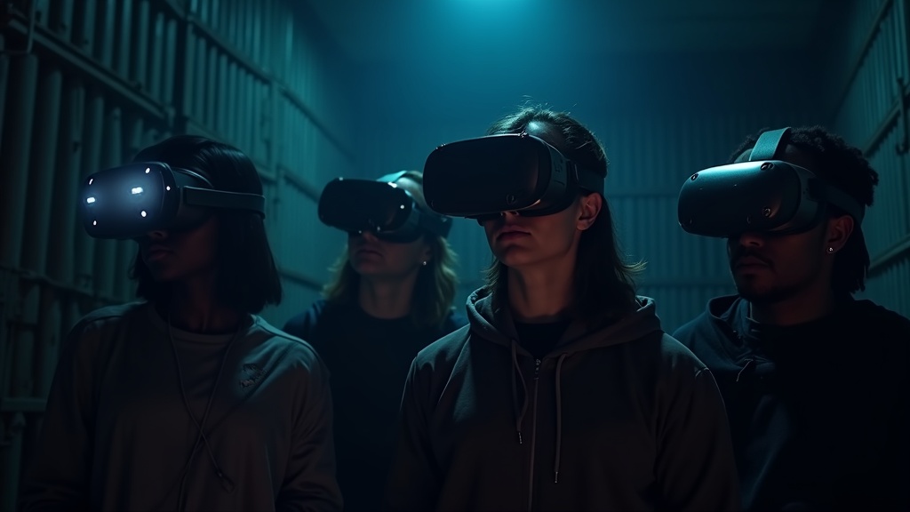 Equipo de amigos colaborando en el escape prison realidad virtual de Virtua Barcelona