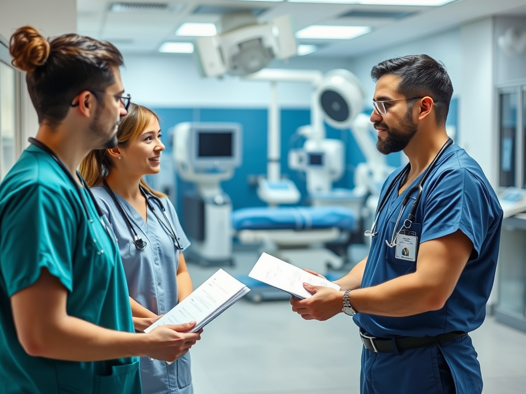 Professional Recruitment Services Transform Organizational Success 3 Healthcare recruiter discussing job opportunities with medical professionals in a modern hospital setting, with medical equipment visible in the background