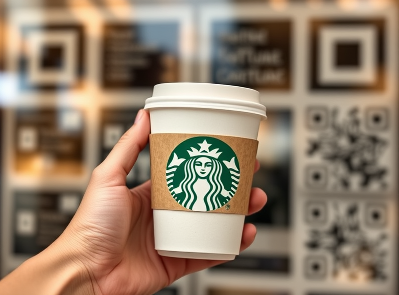 A hand holding a coffee cup with the Starbucks logo, and in the background, a subtle overlay of digital elements like phone screens or QR codes, representing the blend of the physical coffee experience with digital technology and loyalty programs.
