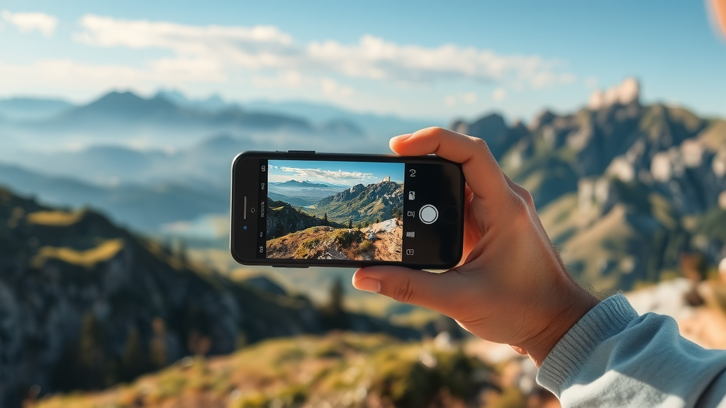 فردی در حال ثبت منظره‌ای خیره‌کننده با گوشی هوشمند، با تاکید بر کیفیت بالا و ترکیب‌بندی هنری در عکاسی موبایل