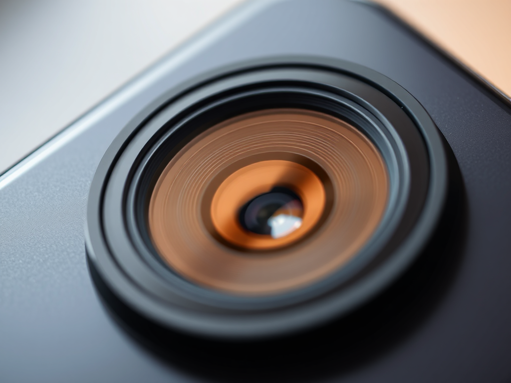 A close-up of a modern smartphone camera lens, showcasing advanced mobile photography technology and intricate details of multiple lenses and sensors within the smartphone.