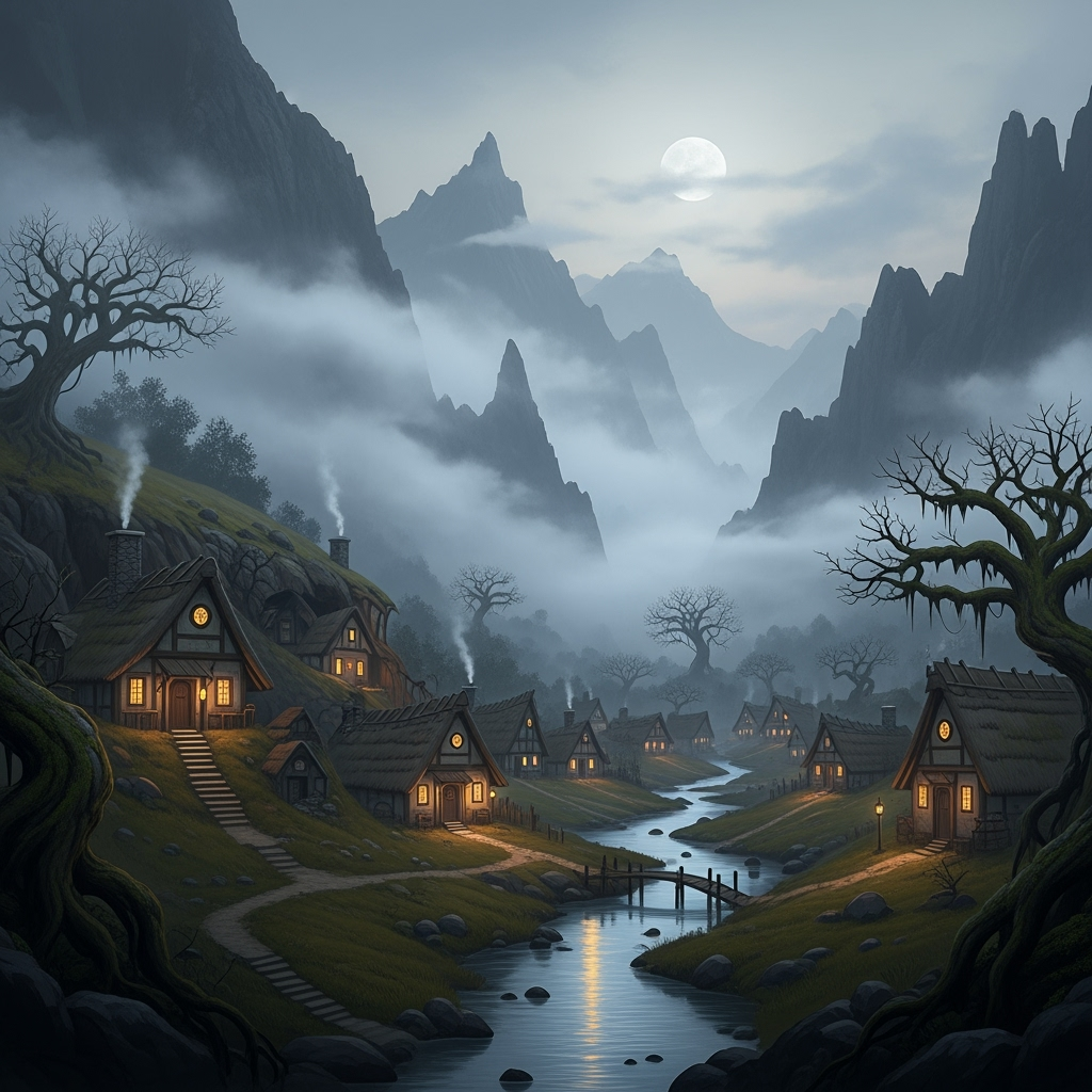 mystical village near mountains with fog
