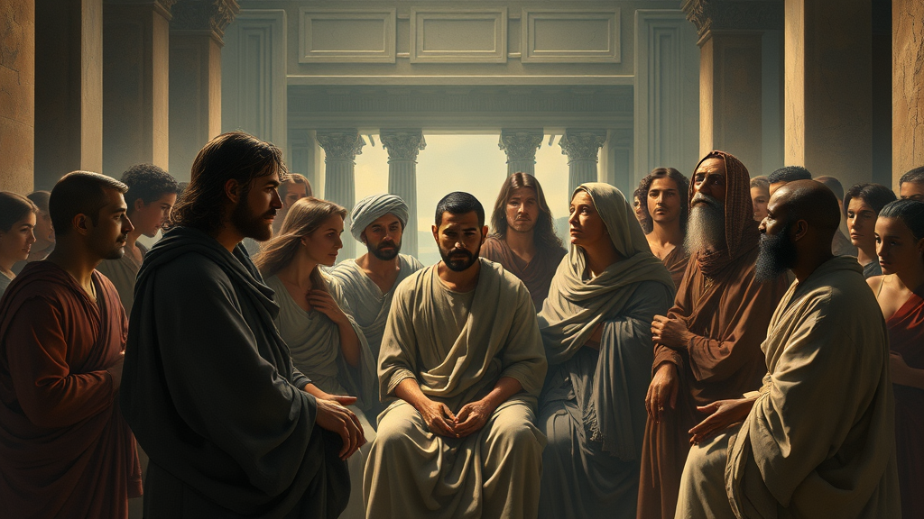 빛과 어둠의 조화로 이뤄진 사회적 단결감을 나타내는 장면