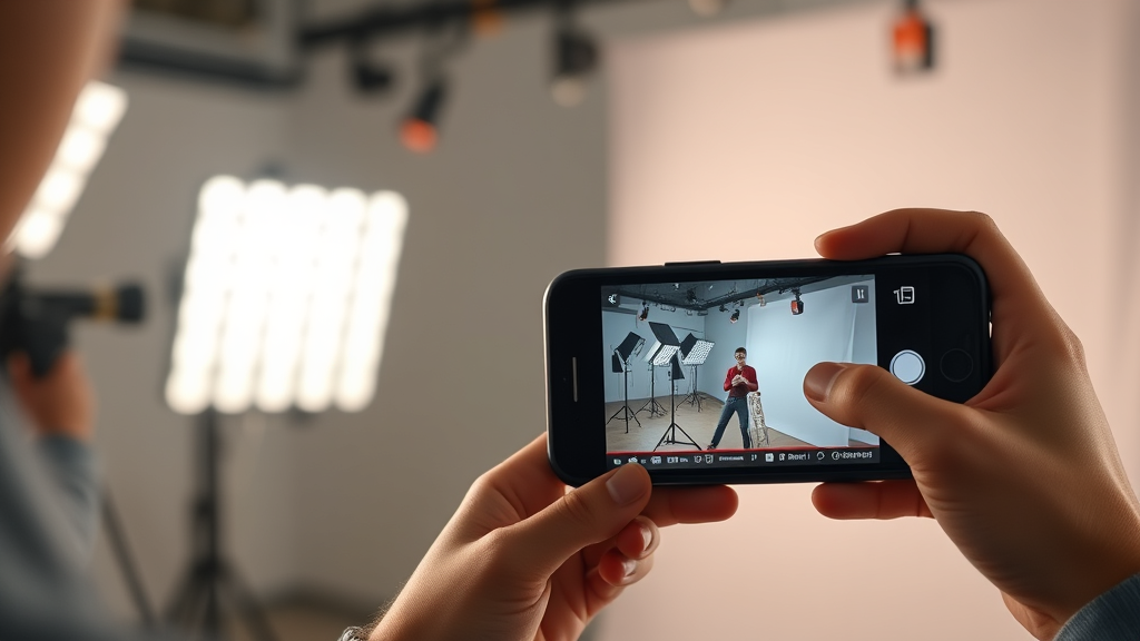 تصویری واقع‌گرایانه و باکیفیت از فردی که در حال فیلمبرداری با گوشی هوشمند است، با نورپردازی حرفه‌ای در پس‌زمینه و تمرکز بر صفحه گوشی که ویدیویی واضح را نشان می‌دهد، مرتبط با smartphone news