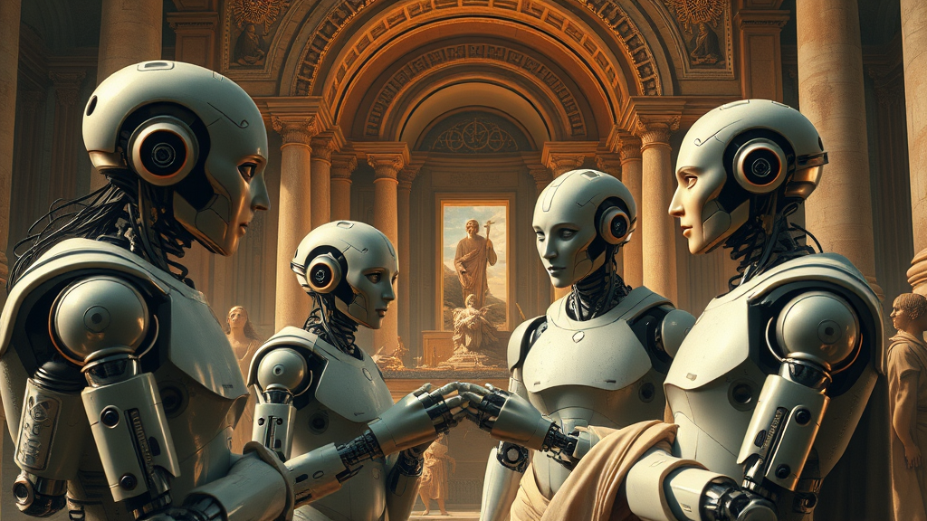 기술과 인간의 조화로운 관계를 묘사한 다 빈치 스타일 그림