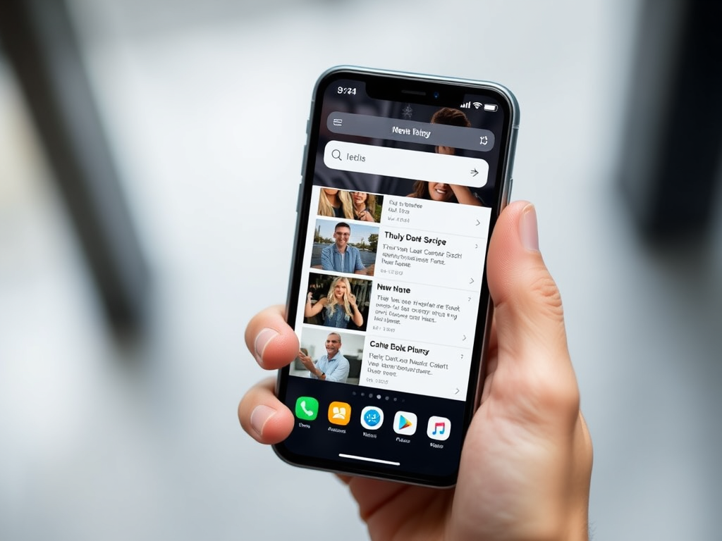 A hand holding a modern smartphone displaying smartphone news feed, realistic, high-quality