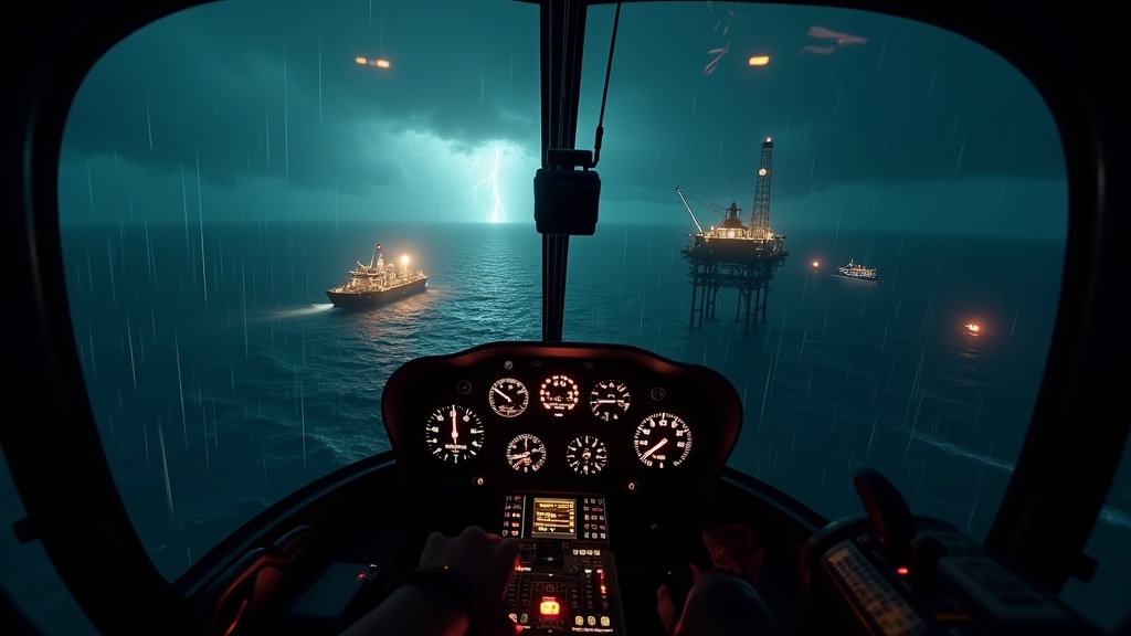 Escenario marítimo con fauna durante el análisis de Helicopter Simulator 2025 VR