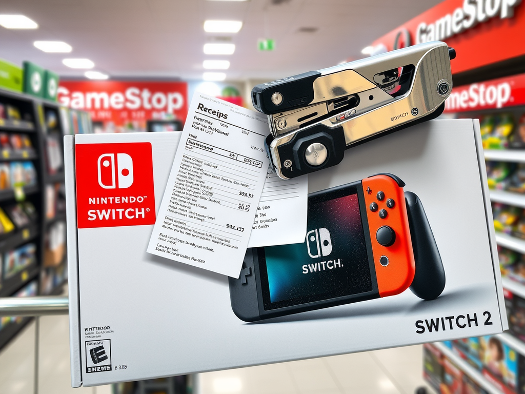 تصویری واقعی و با کیفیت از یک منگنه که به طور تصادفی یک رسید را به جعبه کنسول نینتندو سوییچ ۲ منگنه کرده و سوراخ کوچکی روی صفحه نمایش کنسول نینتندو سوییچ ۲ ایجاد کرده است، در داخل یک فروشگاه گیم‌استاپ، با تمرکز بر منگنه و جعبه کنسول، صحنه‌ای آشفته اما طنزآمیز.
