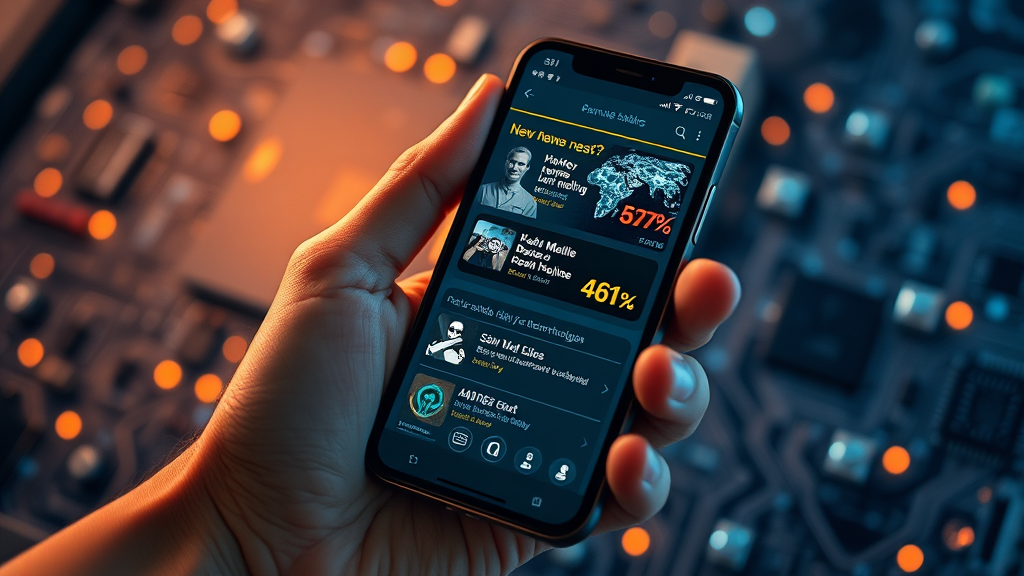 A futuristic smartphone displaying dynamic smartphone news feeds and AI features