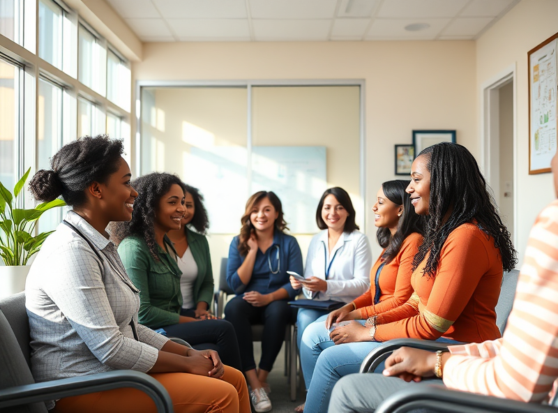 A diverse group of individuals of different ages and backgrounds are seen smiling happily as they receive assistance and support from state health navigator programs in a welcoming office environment.