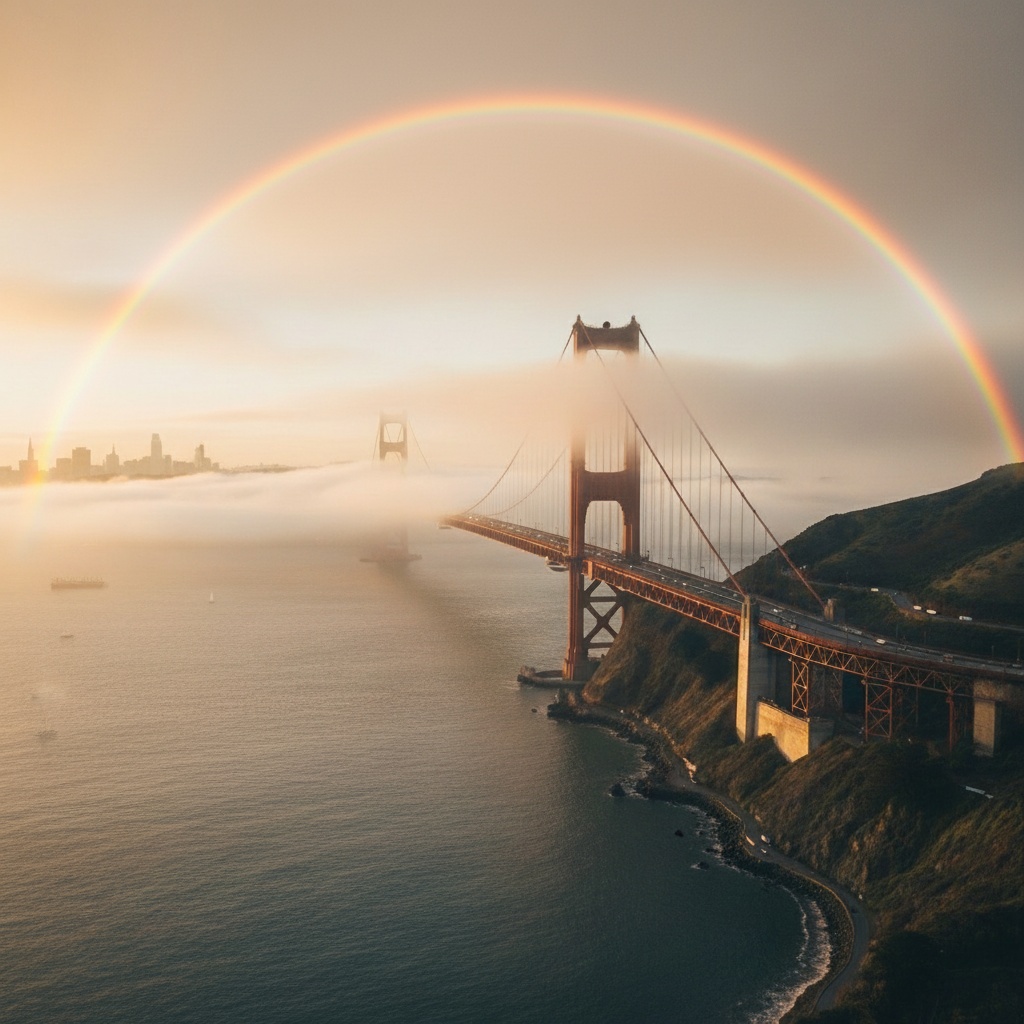 Add a rainbow in the background of this landscape.