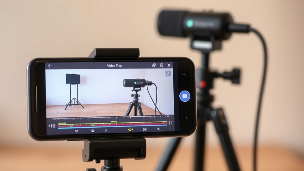 گوشی هوشمند در حال نمایش رابط ویرایش ویدیو با تجهیزات فیلمبرداری، مناسب برای smartphone reviews