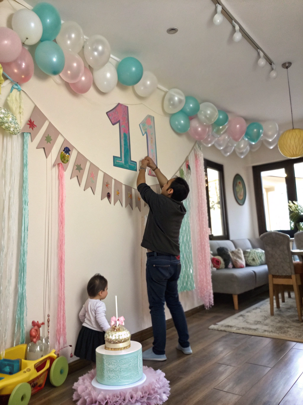 Setting up first birthday decorations