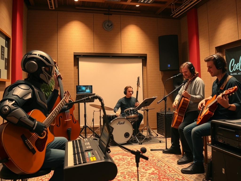 گروه متنوعی از موسیقیدانان در حال همکاری با هوش مصنوعی، ترکیبی از سازهای سنتی و رابطهای کاربری آیندهنگر را نشان میدهند، با فضایی هماهنگ و خلاقانه در یک استودیوی تولید موسیقی تجاری، که کاربردهای هوش مصنوعی موسیقی را برجسته میکند.