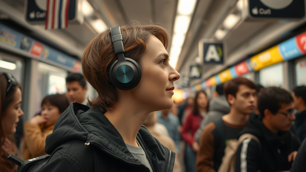 تصویر واقعی و با کیفیت بالا از ایرپادز پرو ۲ اپل با قابلیت حذف نویز فعال در حال کار، نشان‌دهنده کاربری غرق در صدا در یک محیط شلوغ که از حراج ایرپادز پرو بهره‌مند شده است.