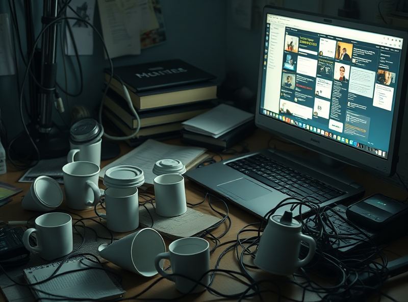 A cluttered desk reflecting a remote worker's exhaustion with scattered coffee cups and a glowing laptop screen, capturing the chaotic reality of working remotely in an erratic yet snarky environment.