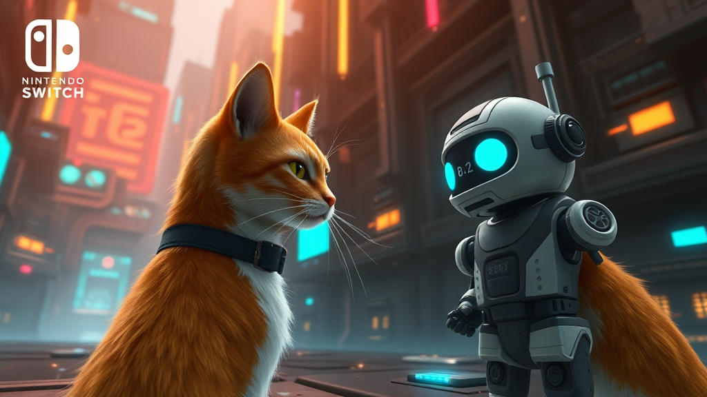تصویری واقع‌گرایانه و باکیفیت از گیم‌پلی منحصربه‌فرد Stray روی نینتندو سوییچ، با گربه زنجبیلی قهرمان در حال تعامل با یک ربات دوستانه (B-12) در محیطی سایبرپانک با جزئیات غنی و جوی خاص، که عناصر کاوش و پازل بازی را به نمایش می‌گذارد. Stray Nintendo Switch