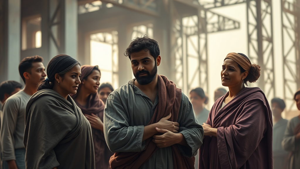 경제적 어려움 속 서로 돕는 사람들을 형상화한 이미지