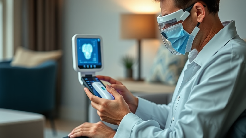 شخصی در حال استفاده از کیت تشخیص خانگی، نمادی از راحتی و پیشرفت هلث‌تک