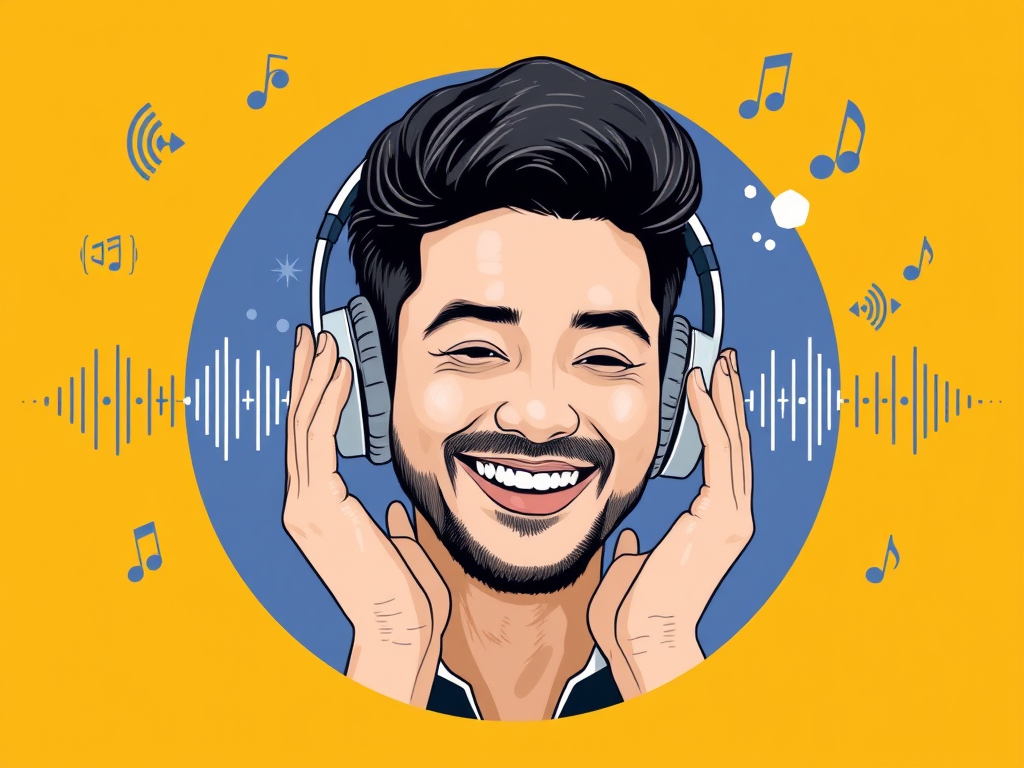 تصویری از یک فرد در حال گوش دادن به پادکست BBC Learn English با هدفون و لبخند بر لب، با نمادهایی از زبان و یادگیری در اطراف او.