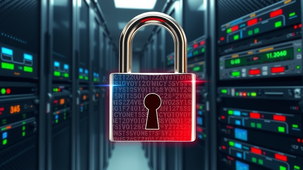 تصویری از یک قفل دیجیتال روی سرورها که نمادی از حمله باج‌افزاری به زیرساخت مجازی است.