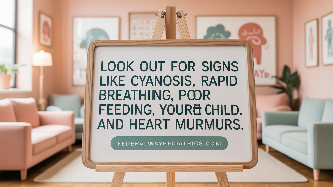 Look out for cyanosis, rapid breathing, poor feeding, and heart murmurs in your child.