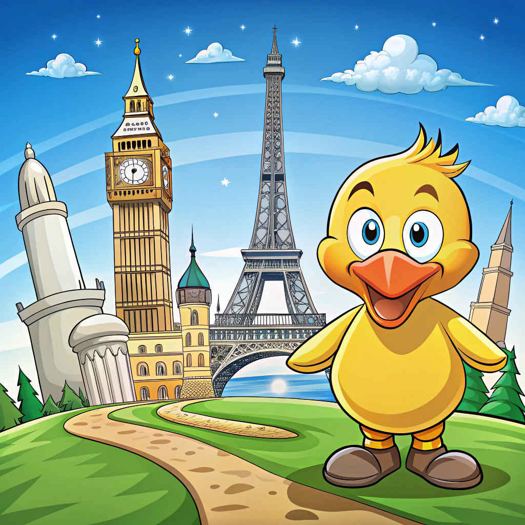 Funny Cartoon Duck at World Landmarks