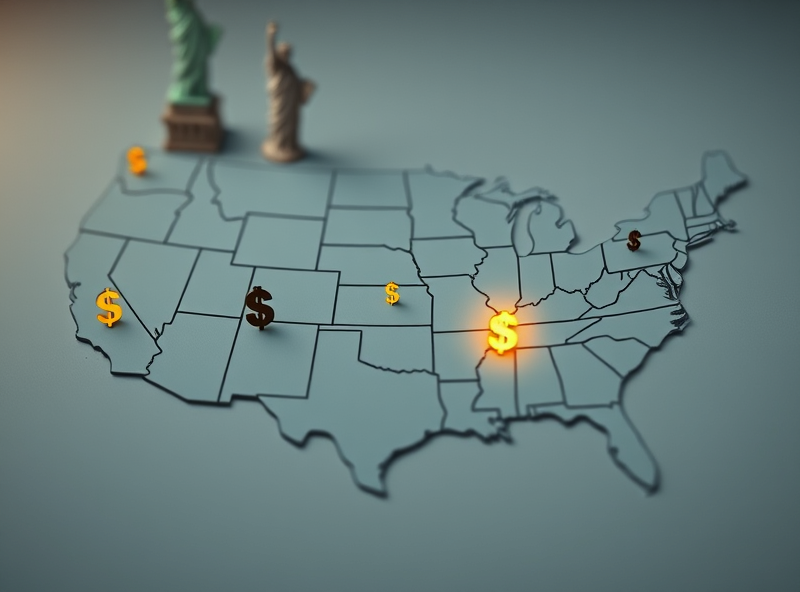 Image Prompt 2: Potential of Undervalued US Stocks This image aims to symbolically show the hidden value and growth potential of 'undervalued US stocks' found through relative valuation. Image Description: Picture a map of the United States with several small stock symbols or icons scattered across it. Some of these stock symbols (representing undervalued stocks) look a bit darker or more ordinary compared to others. However, a subtle light is emanating from around these seemingly ordinary symbols, or they are depicted like hidden gems buried underground. Small symbolic elements like a growing graph or a sprouting seed are added near the glowing symbols to represent potential. For the background, you could subtly include US landmarks like the Statue of Liberty or the New York Stock Exchange, slightly blurred. Use contrasting colors: darker tones to represent hidden value and bright, hopeful colors (like gold or light green) to symbolize potential and growth. The overall feeling of the image should be about discovering a hidden opportunity and anticipating its potential.
