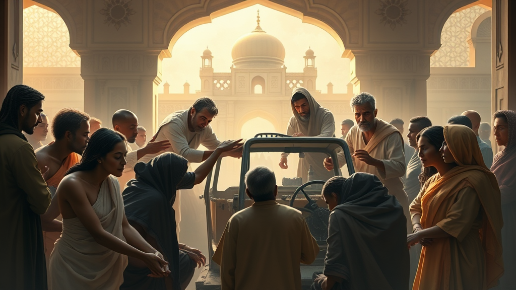 공동체와 협력을 묘사한 비유적 장면