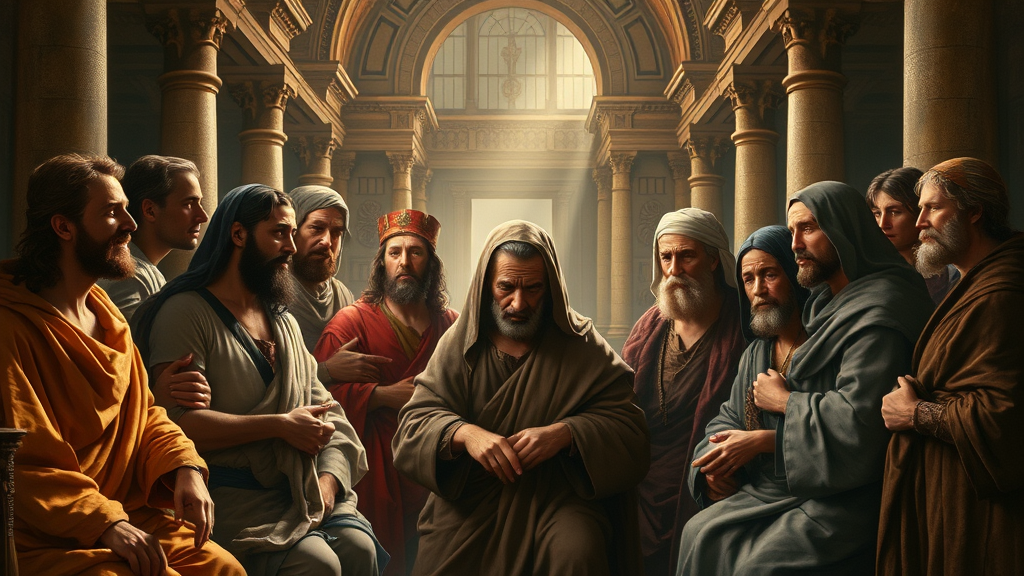 정의와 진리를 찾는 다양한 인물들을 묘사한 장면