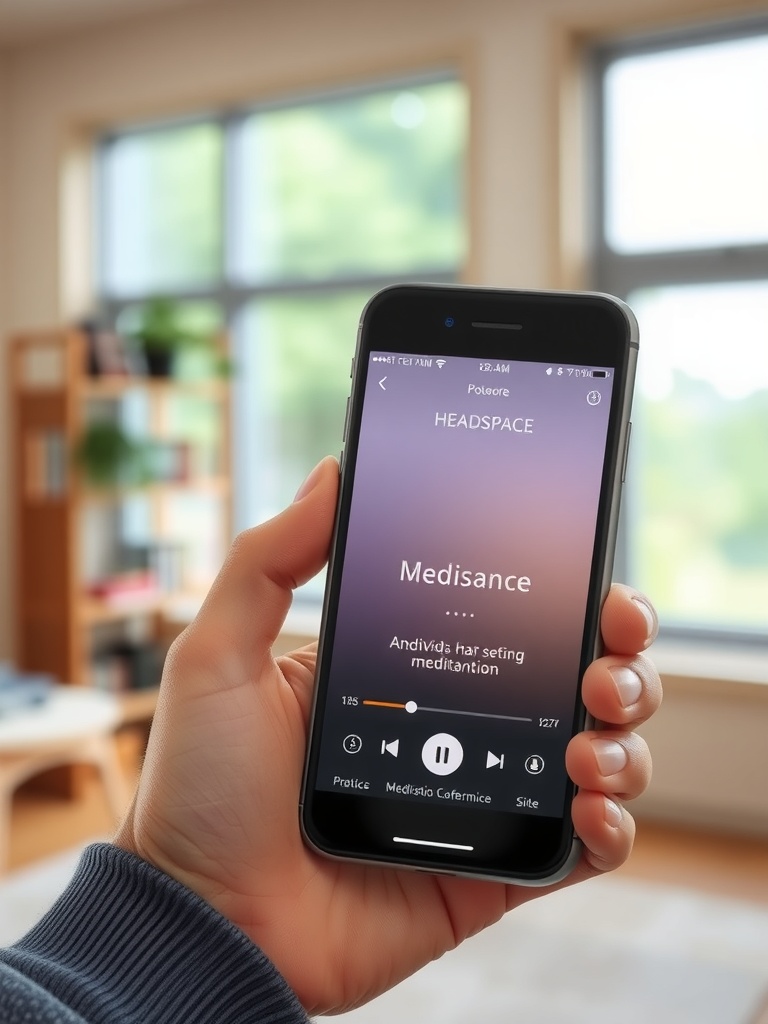 فردی در حال استفاده از اپلیکیشن Headspace بر روی گوشی هوشمند با تخفیف هداسپیس