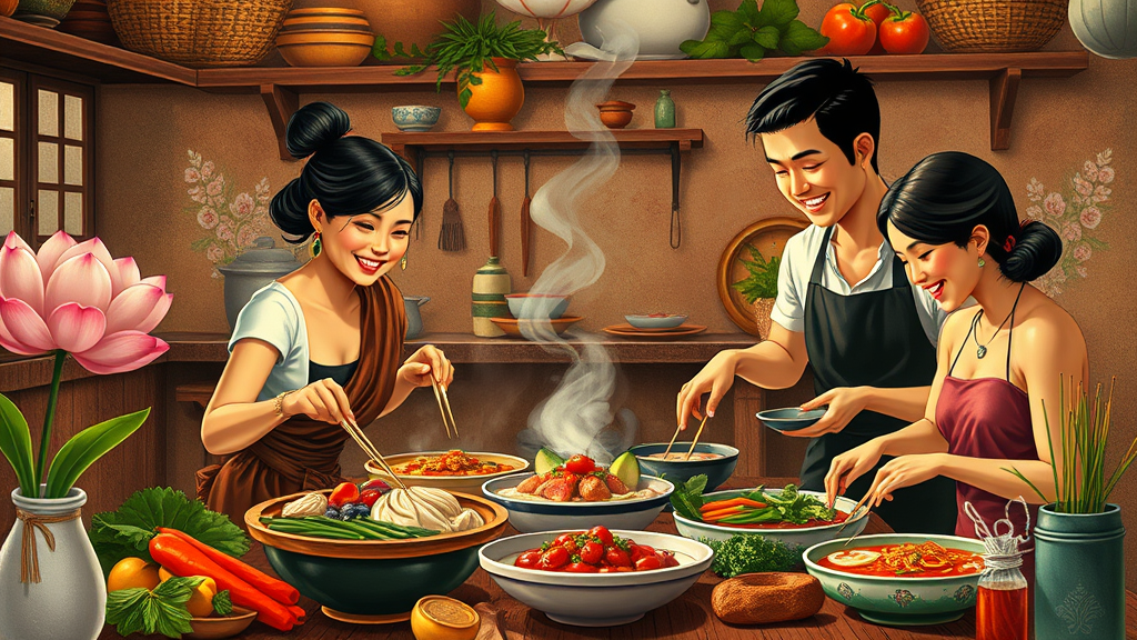 다채롭고 풍부한 태국 요리 장면, 다양한 태국 요리가 조화를 이루는 모습