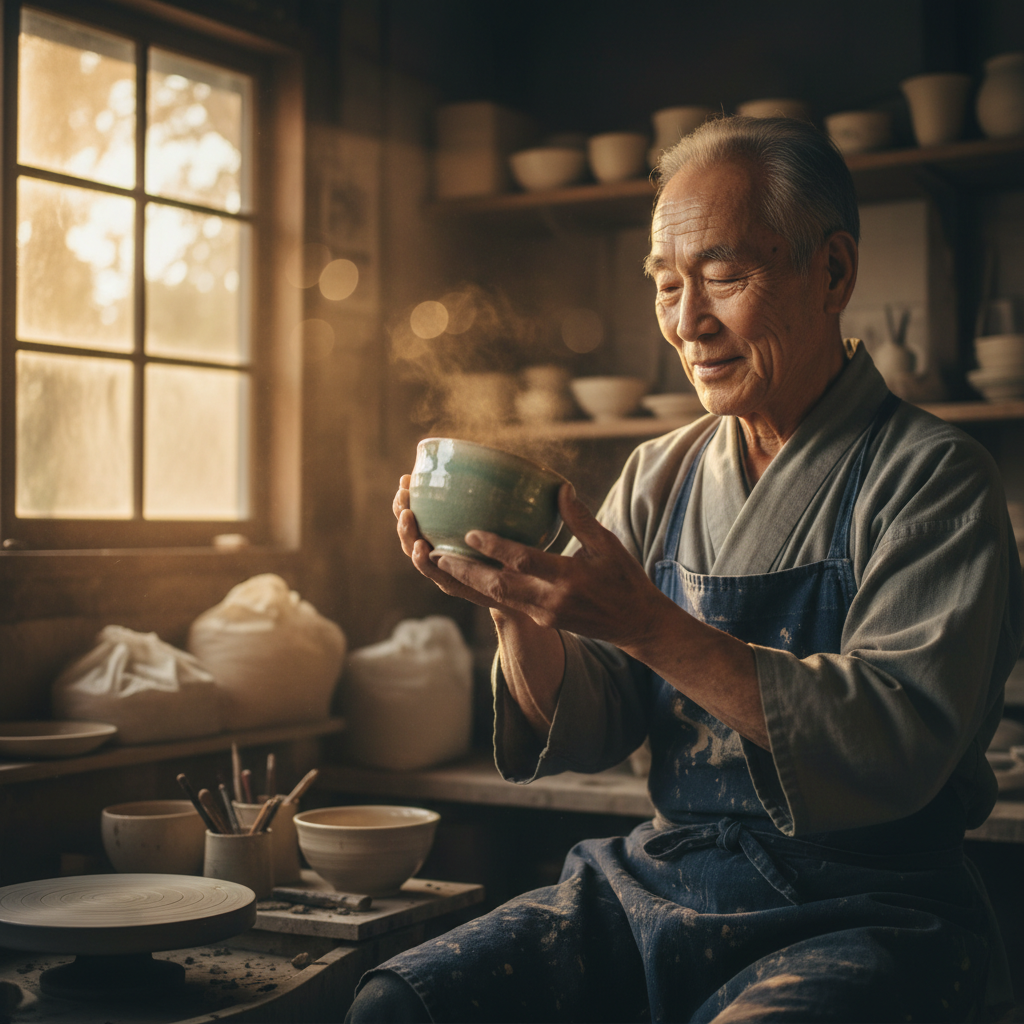 A photorealistic portrait of an elderly Japanese ceramicist created with Nano Banana.