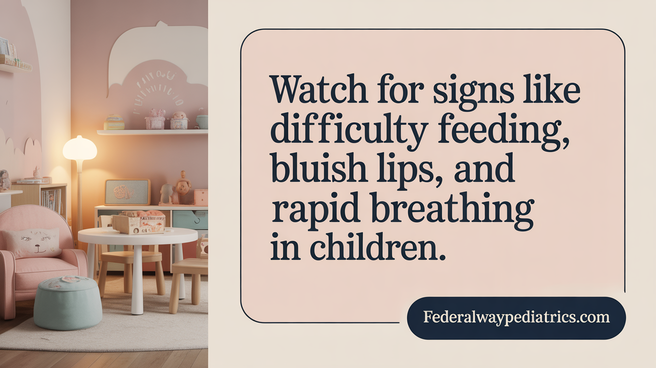 Watch for signs like difficulty feeding, bluish lips, and rapid breathing in children.