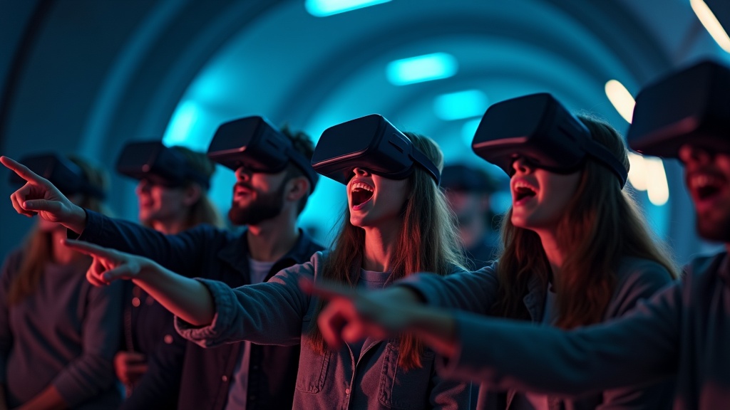 Grupo de jugadores equipados con gafas VR listos para la Among Us VR experiencia inmersiva en Virtua Barcelona