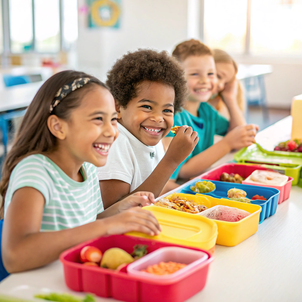Kids enjoying nutritious school lunch ideas in cafeteria setting