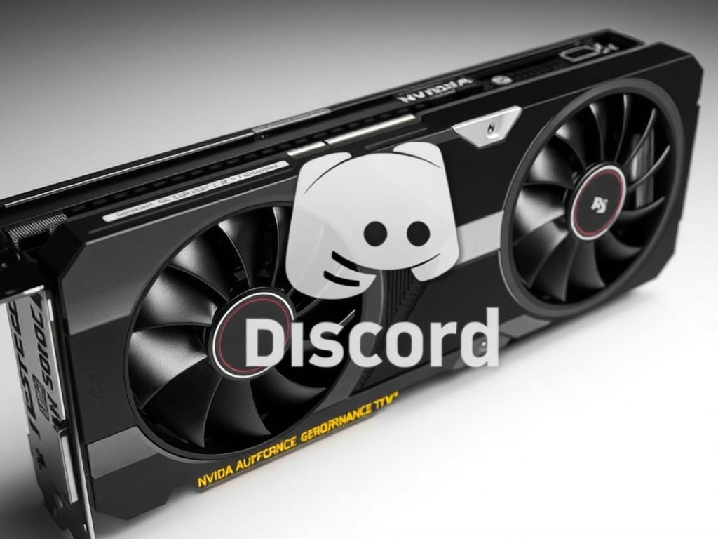 تصویری واقعگرایانه از یک کارت گرافیک مدرن NVIDIA GeForce با لوگوی دیسکورد که به آرامی روی آن قرار گرفته و نشاندهنده مشکل عملکرد برای NVIDIA Discord Performance Fix است.
