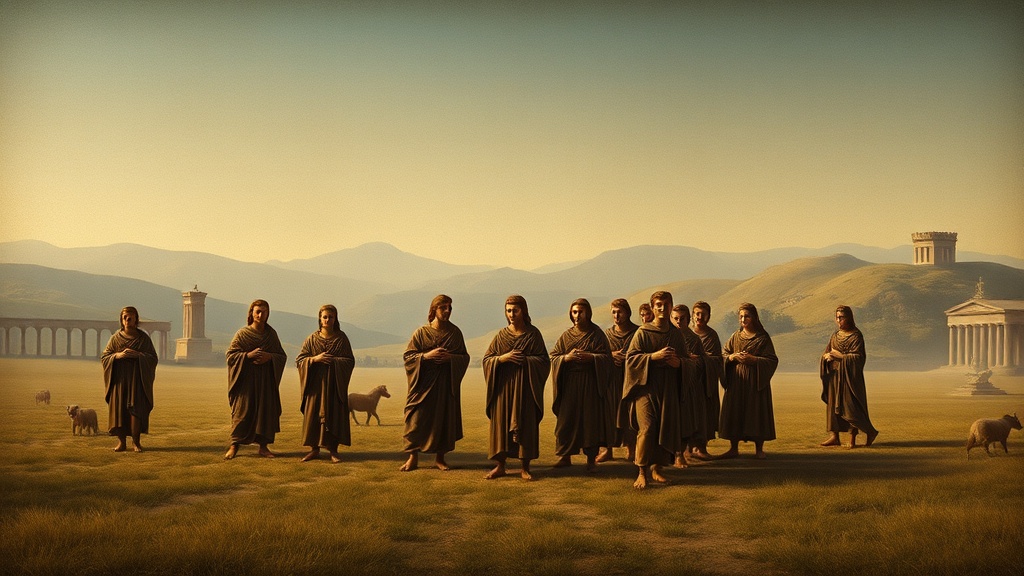 종교적 비유의 장면: 수호자들이 필드에서 조화롭게 움직이는 르네상스풍의 묘사