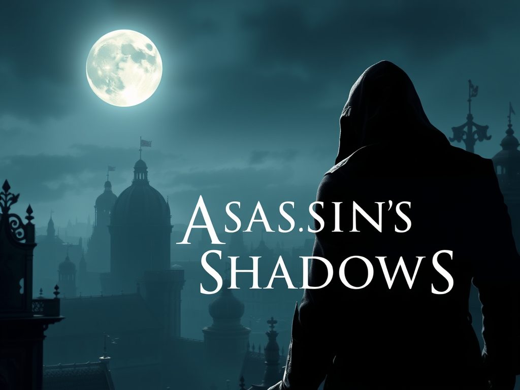 Create a realistic image of a hooded assassin silhouetted against a moonlit medieval cityscape, blending into shadows cast by ornate architecture, with the text "Assassin's Creed Shadows" subtly integrated into the scenery.