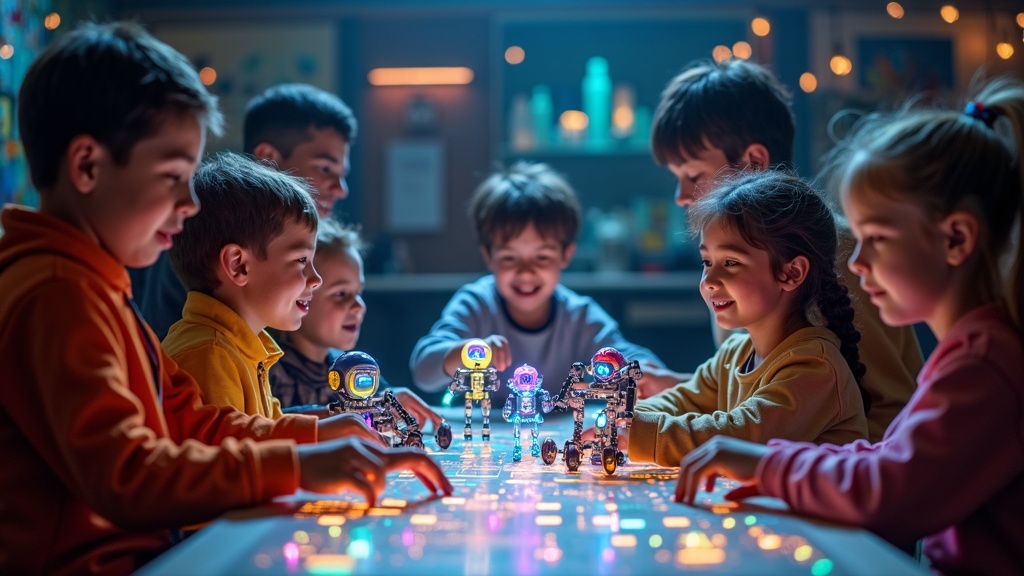 Niños colaborando en un proyecto de robótica educativa en las instalaciones de Papá Robot en Arganda.
