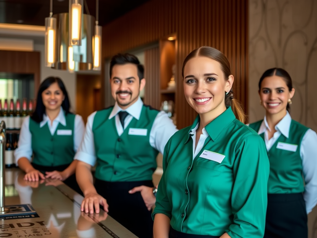 London hospitality staff, temporary workers at hotel reception, professional appearance
